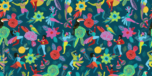 Vector seamless pattern with abstract men and women in bright costumes. Brazil carnival. Design templates for carnival concept and other