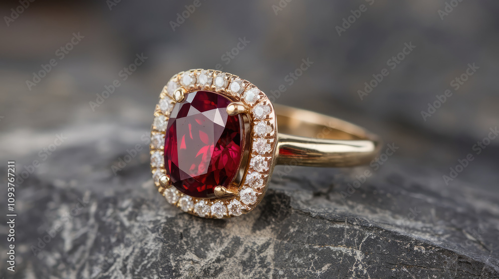 A gold and diamond ring with a red stone in the center. The stone is surrounded by diamonds and the ring is set in gold A gold and diamond ring with a red stone in the center. The stone is surrounded by diamonds and the ring is set in gold
