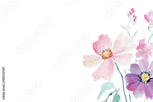 Delicate watercolor flowers in soft pink, purple, and green hues, creating a serene and calming atmosphere. Ideal for floral design and decoration themes.