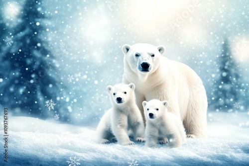 Polar bear family in snowy winter landscape