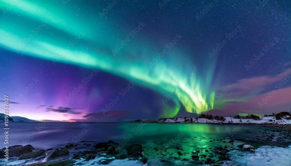 Naklejka premium Magical aurora borealis lights up the night sky over a tranquil lake.