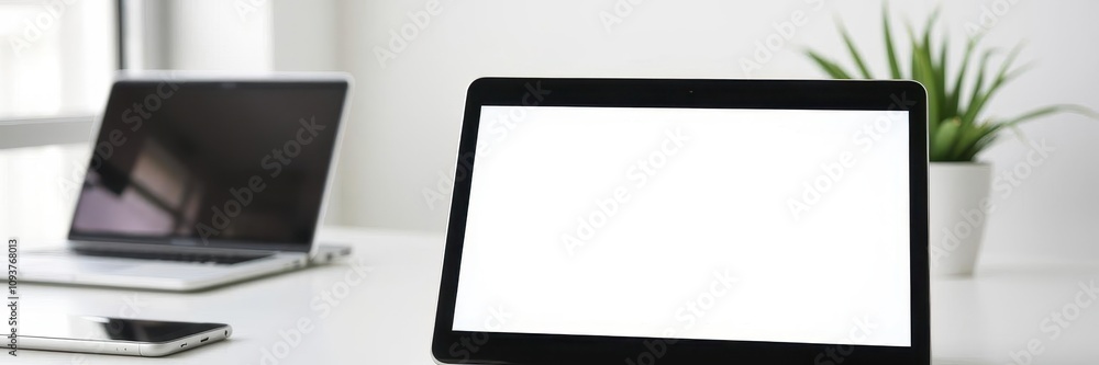 A sleek and modern workspace with multiple devices showcasing responsive design and fresh aesthetics, tablet, workspace, fresh A sleek and modern workspace with multiple devices showcasing responsive design and fresh aesthetics, tablet, workspace, fresh