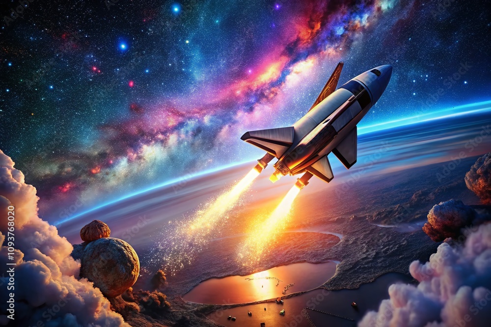 Obraz premium Aerial View of a Space Flight Journey Through the Stars: Captivating Imagery of Celestial Navigation and Cosmic Exploration in the Vastness of Space