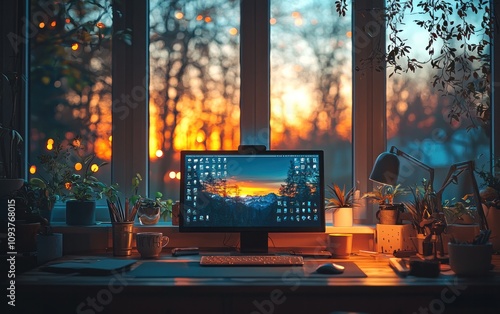 Computer screen illuminated by sunset with houseplants and lamp on a desk in a home office.