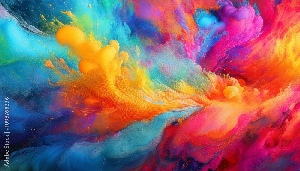 Vibrant explosion of color! A mesmerizing blend of blues, oranges, pinks, and yellows create a dynamic and energetic abstract artwork. Vibrant explosion of color! A mesmerizing blend of blues, oranges, pinks, and yellows create a dynamic and energetic abstract artwork.