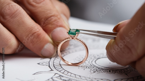 A man is cutting a green gemstone with a jeweler's tool. The gemstone is a green emerald, and the man is holding it with a jeweler's tool. Concept of precision and care