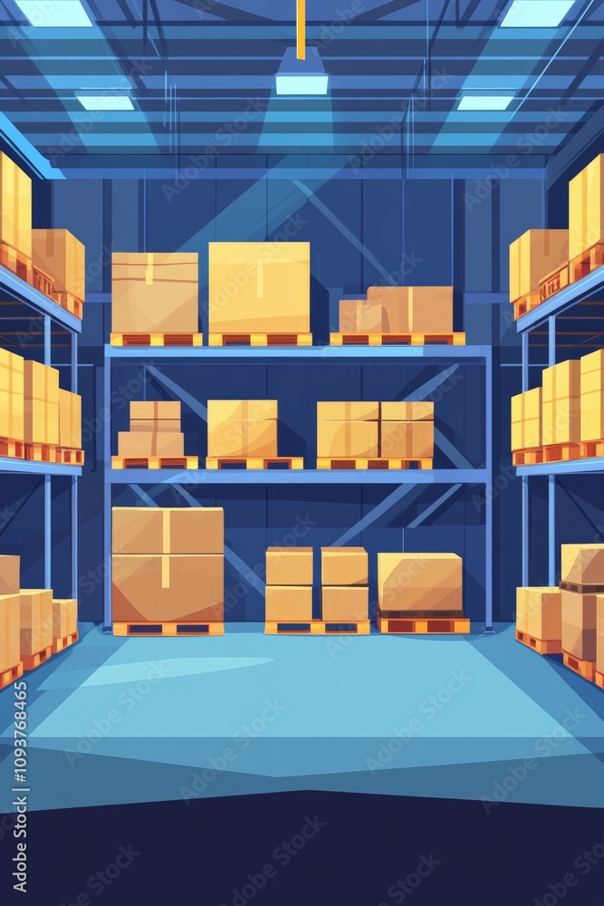 The warehouse interior showcases meticulously organized shelves stocked with numerous boxes. Bright lighting highlights the space, emphasizing efficient storage The warehouse interior showcases meticulously organized shelves stocked with numerous boxes. Bright lighting highlights the space, emphasizing efficient storage