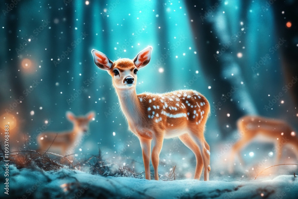 Young deer under enchanted snowfall in mystical forest Young deer under enchanted snowfall in mystical forest