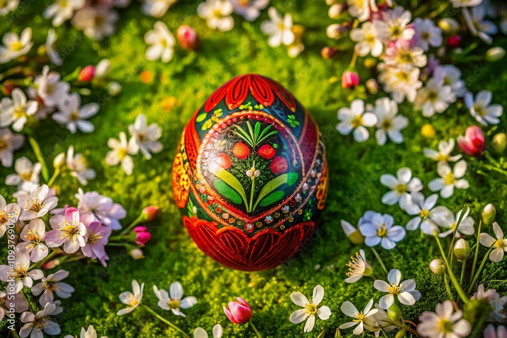 Aerial View of a Unique Easter Egg Painted with a Detailed Landscape Scene Surrounded by Colorful Flowers and Green Grass Captured with Drone Photography Aerial View of a Unique Easter Egg Painted with a Detailed Landscape Scene Surrounded by Colorful Flowers and Green Grass Captured with Drone Photography