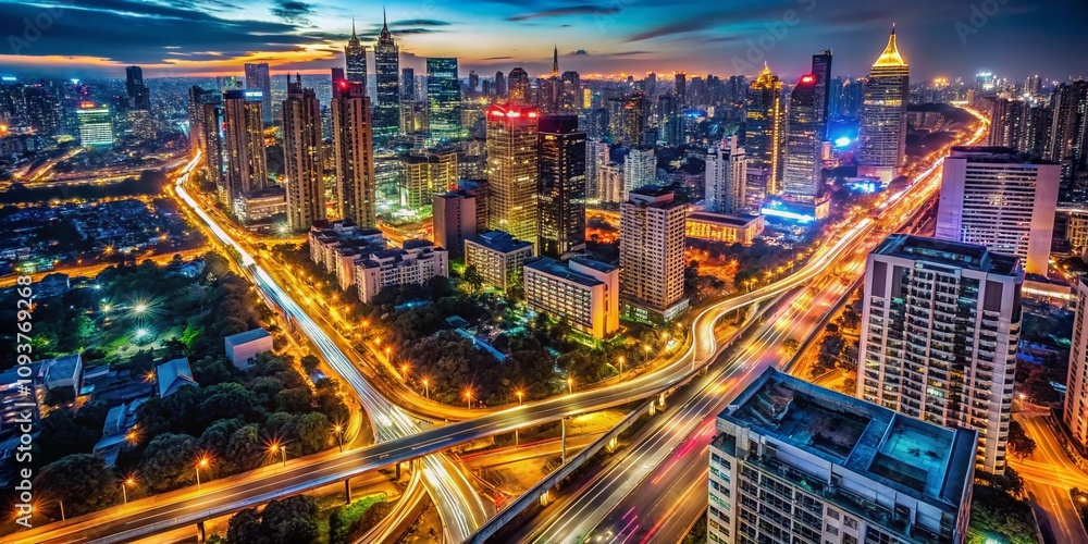 Obraz premium Aerial View of a Vibrant Cityscape at Night with Illuminated Roads and Blurred Lights, Capturing the Motion and Energy of Urban Life in a Stunning Display of Colors