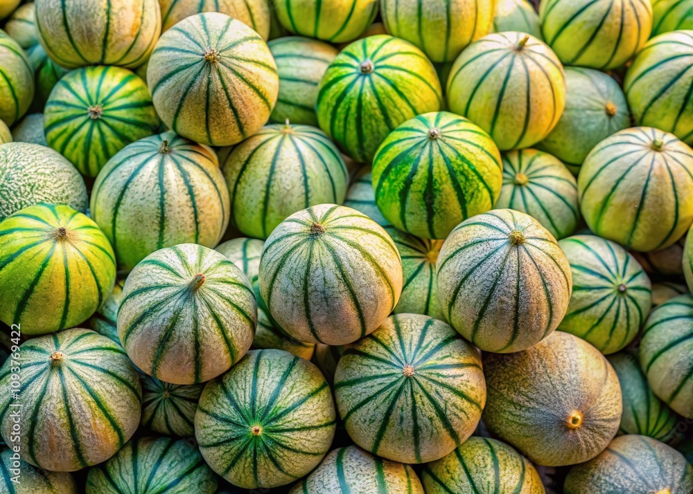 Aerial View of a Vibrant Pile of Honeydew Melons on Display at a Fresh Produce Market, Showcasing Their Juicy Texture and Lush Green Skin in Natural Light Aerial View of a Vibrant Pile of Honeydew Melons on Display at a Fresh Produce Market, Showcasing Their Juicy Texture and Lush Green Skin in Natural Light