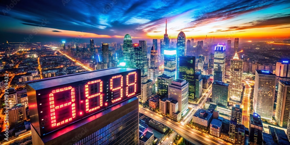 Aerial View of a Vibrant LED Digital Clock Counting Down at Night with City Lights in the Background, Showcasing the Intersection of Technology and Urban Life Aerial View of a Vibrant LED Digital Clock Counting Down at Night with City Lights in the Background, Showcasing the Intersection of Technology and Urban Life