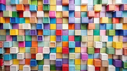 Aerial View of a Vibrant Mosaic Wall Featuring Colorful Squares on a Clean White Background, Showcasing Various Sizes and Shades for a Bright and Cheerful Atmosphere