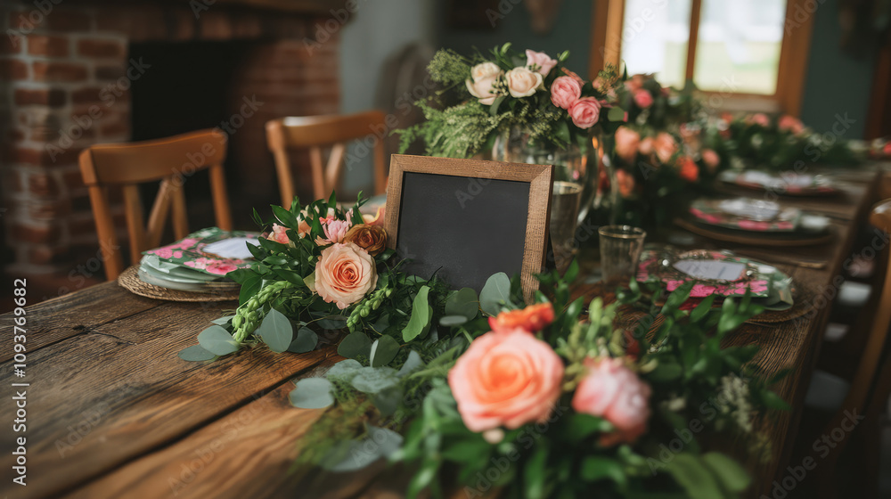 Obraz premium A table with a blackboard sign and flowers on it