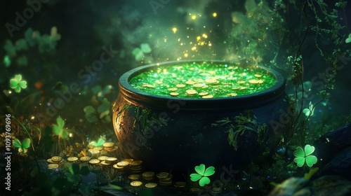 A fantastical cauldron overflowing with sparkling green liquid and gold coins, surrounded by magical shamrocks that glow softly in the dark photo