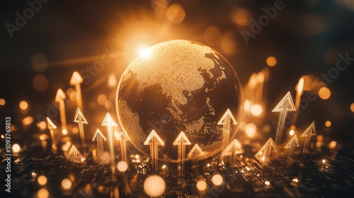 A globe surrounded by upward-pointing arrows made of light, representing global economic expansion and international trade. photo