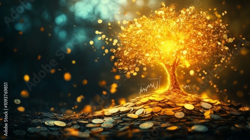 A golden tree growing out of a pile of coins, with glowing branches and leaves turning into charts and graphs, illustrating sustainable financial growth photo