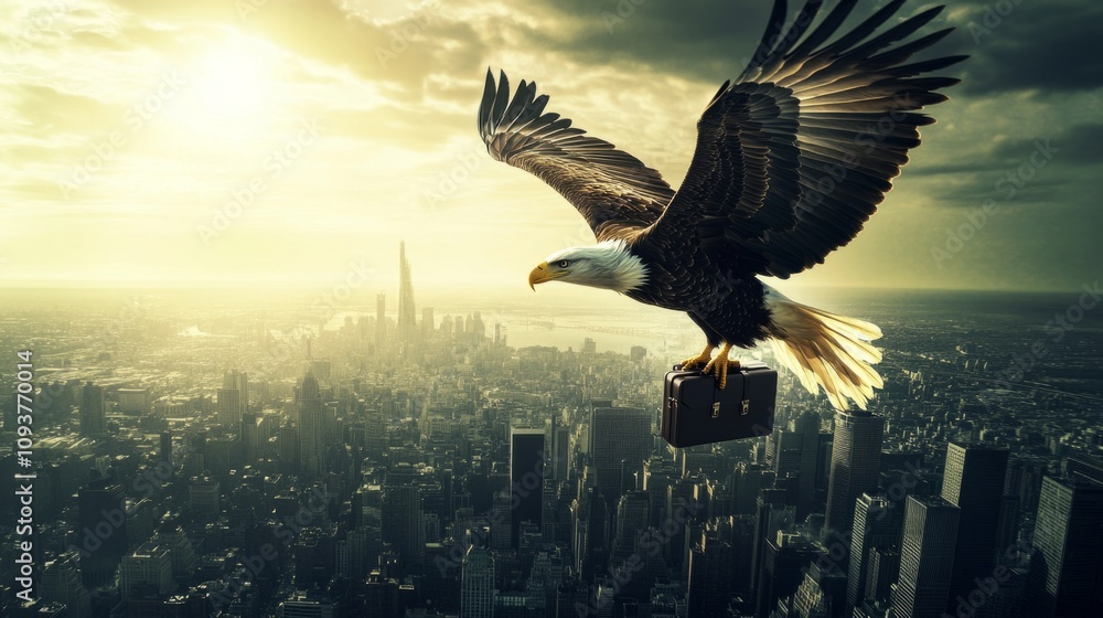 Fototapeta premium A majestic eagle flying above a cityscape with a briefcase in its talons, symbolizing ambition, achievement, and a successful deal