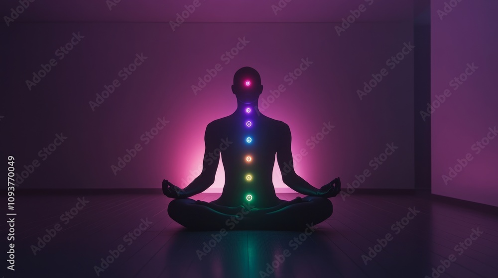 A meditative figure in a minimalistic, serene room, with glowing chakras aligned along their body, symbolizing the path to self-discovery through energy balance. A meditative figure in a minimalistic, serene room, with glowing chakras aligned along their body, symbolizing the path to self-discovery through energy balance.