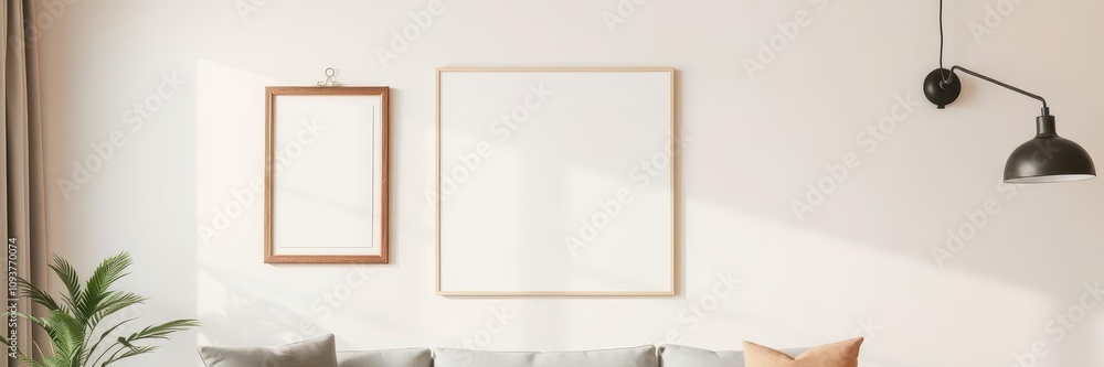 Poster mockup hanging on clips on a beige wall in a modern living room, interior, decoration, art Poster mockup hanging on clips on a beige wall in a modern living room, interior, decoration, art
