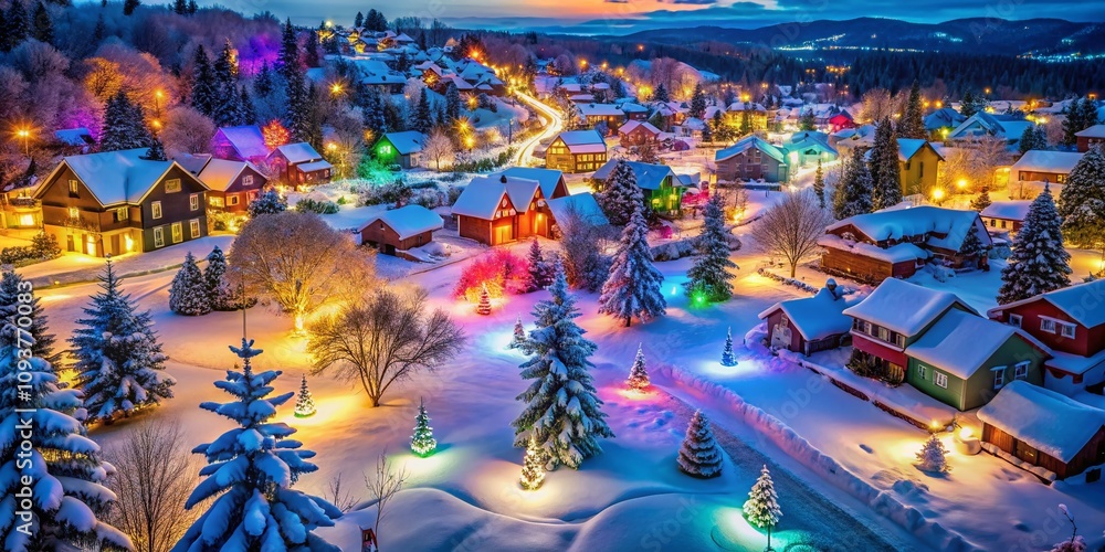 Aerial View of a Winter Wonderland: Christmas Lights Illuminating a Snowy Night, Capturing the Festive Spirit and Magic of the Holiday Season in a Picturesque Landscape Aerial View of a Winter Wonderland: Christmas Lights Illuminating a Snowy Night, Capturing the Festive Spirit and Magic of the Holiday Season in a Picturesque Landscape