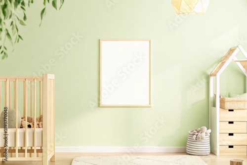Modern nursery interior with a blank frame on the wall, geometric accents, and warm orange tones, featuring a crib and cozy decor elements