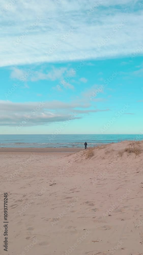 Calming walk alone a deserted beach on cold season. Panning landscape of sandy dune, empty coastline, bright blue sky, sea, small waves. Nature background vertical video. Mood of loneliness, solitude Calming walk alone a deserted beach on cold season. Panning landscape of sandy dune, empty coastline, bright blue sky, sea, small waves. Nature background vertical video. Mood of loneliness, solitude
