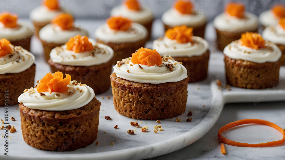 Delicious carrot cupcakes with cream cheese frosting and orange garnish on a marble surface Delicious carrot cupcakes with cream cheese frosting and orange garnish on a marble surface