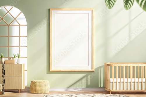 Modern nursery interior with a blank frame on the wall, geometric accents, and warm orange tones, featuring a crib and cozy decor elements