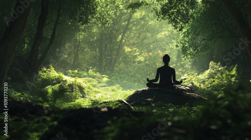 A single person meditating in a peaceful forest clearing, surrounded by lush greenery. The individual is seated on a rock, eyes closed, embracing a connection with nature