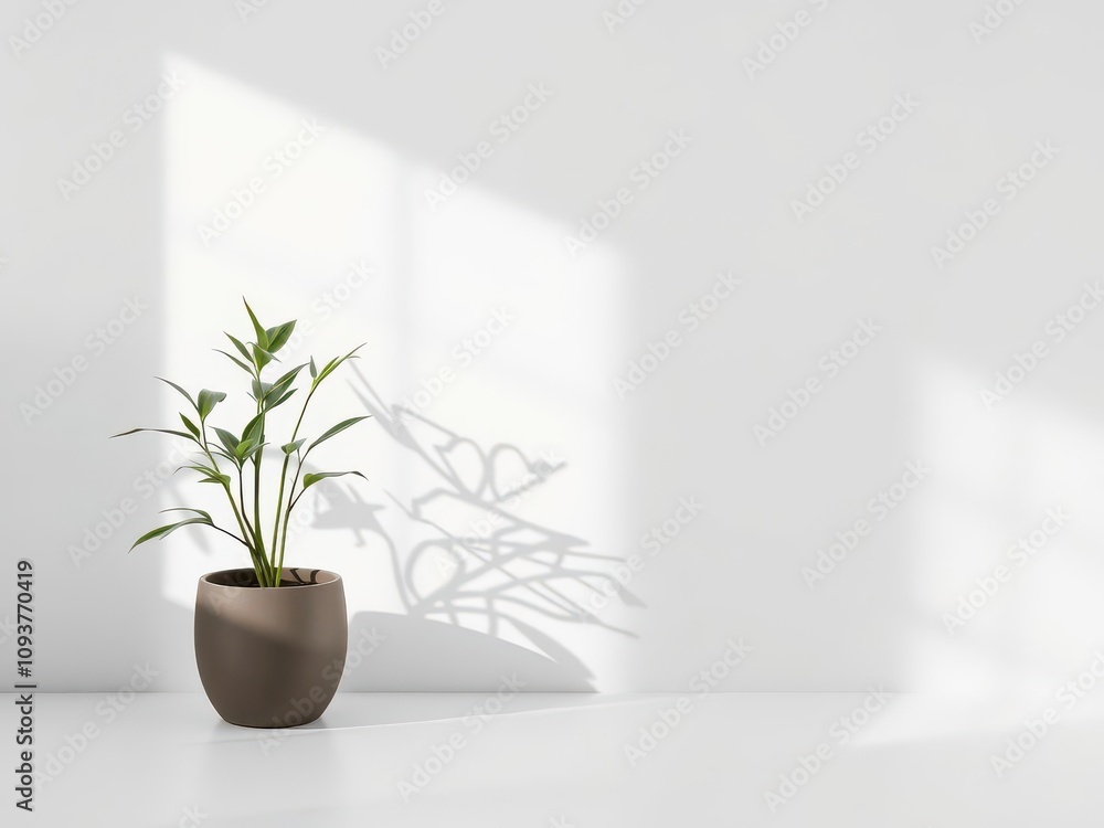 Realistic shadow effect of a potted plant casting a soft shadow on a concrete wall, effect, mockup, decoration Realistic shadow effect of a potted plant casting a soft shadow on a concrete wall, effect, mockup, decoration