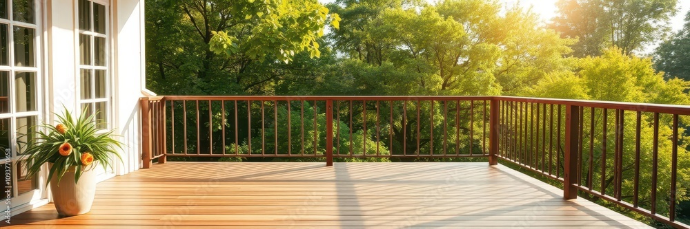 Sunlit balcony with a wooden floor and a view of green trees, perfect for adding text or graphics, green trees, sunlight, wooden floor Sunlit balcony with a wooden floor and a view of green trees, perfect for adding text or graphics, green trees, sunlight, wooden floor