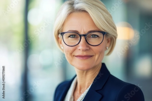 Close-up headshot of confident European mature, good looking middle-aged leader, businesswoman CEO on blurred office background. Beautiful senior European businessman smiling at the camera