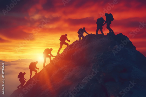 Climbing the mountain. Teamwork, camaraderie, team building, way forward, strategic, cohesiveness. Generated with AI.