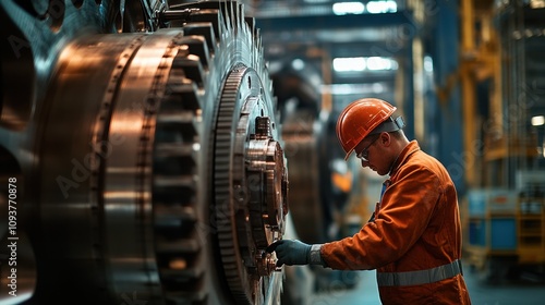 Worker in an industrial setting inspecting large machinery components.