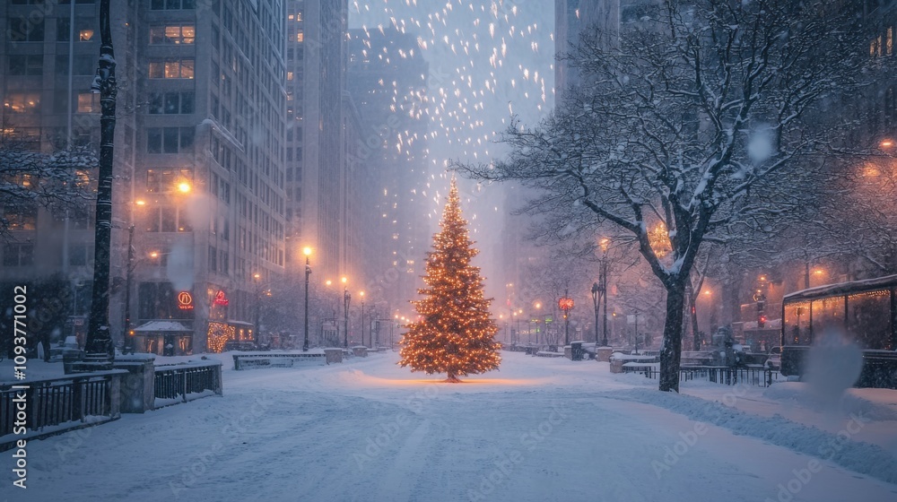 Winter holiday snowy street illuminated christmas tree Winter holiday snowy street illuminated christmas tree