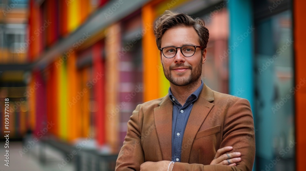 Obraz premium Confident businessman with phone standing by vibrant urban background