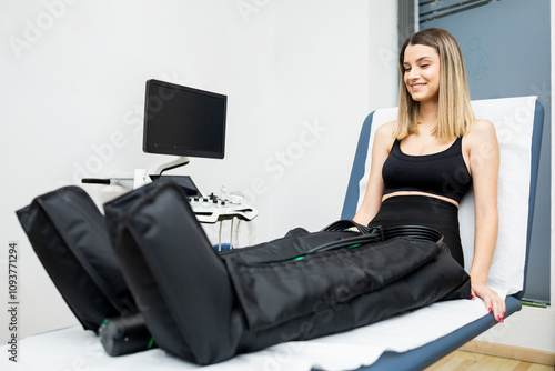 A Caucasian woman in her 20s undergoes pressotherapy treatment to combat fluid retention in her legs.Concept of women in a physiotherapy with a pressotherapy suit.