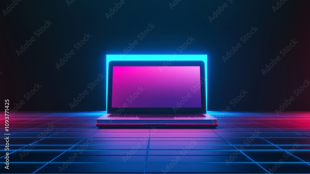 Positioned on a futuristic grid, a sleek laptop is highlighted by visual scan lines, creating a vibrant digital environment. Positioned on a futuristic grid, a sleek laptop is highlighted by visual scan lines, creating a vibrant digital environment.