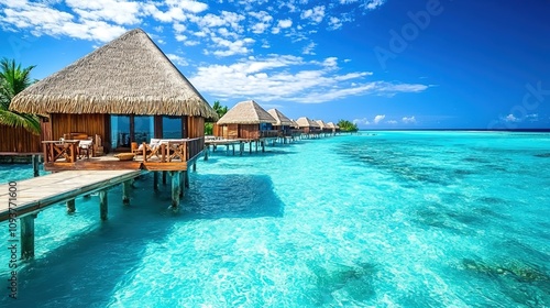 Perfect Maldives paradise scene. Tropical aerial landscape, seascape, luxury water villas. Amazing sea sky, reef lagoon beach picturesque nature. Exotic tourism, panoramic destination, summer vacation