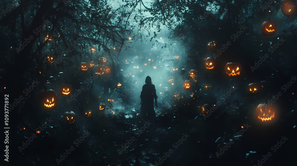A mysterious figure in dark forest surrounded by glowing jack o lanterns creates an eerie halloween atmosphere. scene evokes sense of magic and mythology. Mystic Lantern Glow. Illustration A mysterious figure in dark forest surrounded by glowing jack o lanterns creates an eerie halloween atmosphere. scene evokes sense of magic and mythology. Mystic Lantern Glow. Illustration