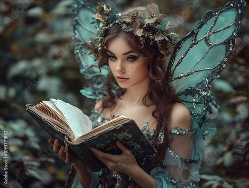 A beautiful young woman in a fairy costume holding an old book photo