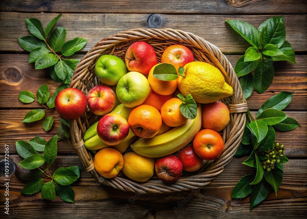 Aerial View of Fresh Fruits in a Wooden Basket Surrounded by Lush Greenery - Perfect for Healthy Eating and Organic Lifestyle Photography Aerial View of Fresh Fruits in a Wooden Basket Surrounded by Lush Greenery - Perfect for Healthy Eating and Organic Lifestyle Photography