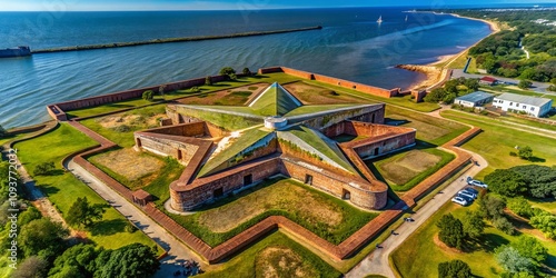 Aerial View of Fort Gaines: A Star-Shaped Military Installation on Dauphin Island Overlooking Mobile Alabama and the Gulf of Mexico photo