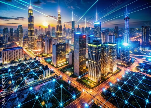 Wallpaper Mural Aerial View of Futuristic Cityscape with Digital Technology Elements, Circuit Patterns, and Glowing Data Visualizations Creating a High-Tech Background Design Torontodigital.ca