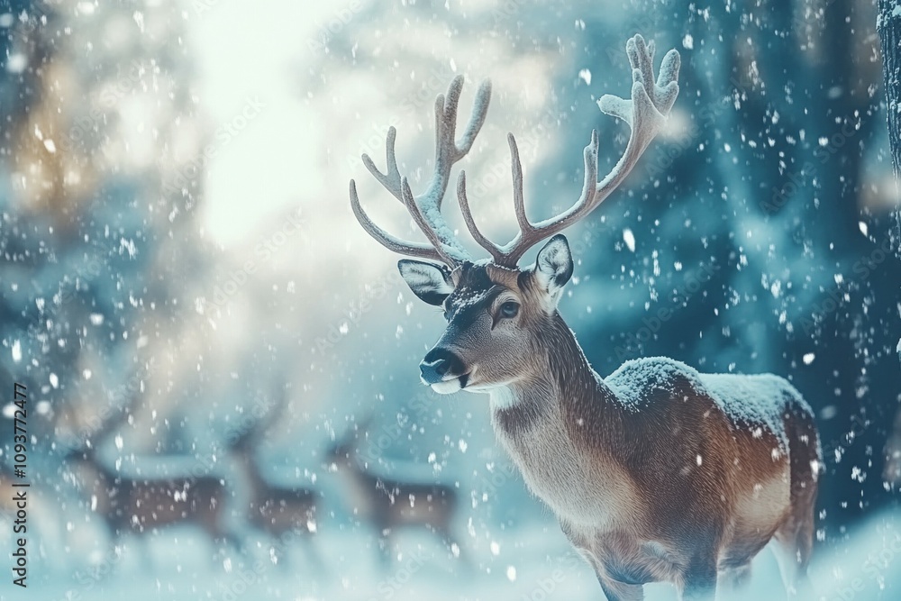 Majestic deer in snowy winter forest with soft falling snowflakes Majestic deer in snowy winter forest with soft falling snowflakes