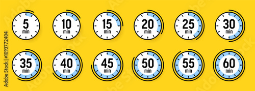 Stopwatch icons. Colorful simple chronometer, time counter with dial. Countdown timer showing hours and minutes. Deadline, measurement for sport. Cooking time label, sticker. Vector illustration