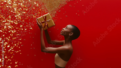 A beautiful, slender, and graceful woman surrounded by shimmering gold confetti, holding an elegant golden gift box with a satin ribbon. Set against a bold red background with ample copy space