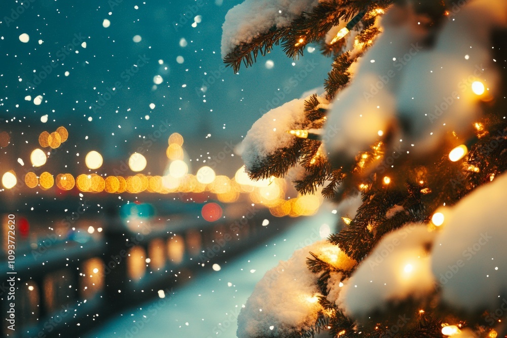 Snowy evening with illuminated christmas tree branches and gentle snowfall Snowy evening with illuminated christmas tree branches and gentle snowfall