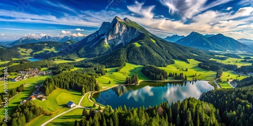 Aerial View of Jauerling Mountain in Austria Showcasing Breathtaking Natural Landscapes, Lush Greenery, and Serene Sky Reflections in a Clear Blue Atmosphere photo